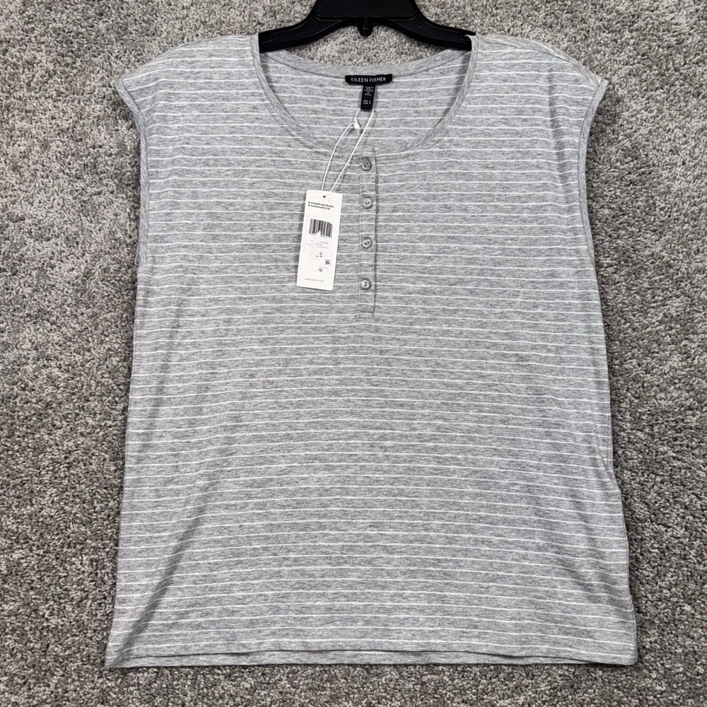 Eileen Fisher Striped Henley Sleep Top Womens Organic Cotton Grey Small NEW